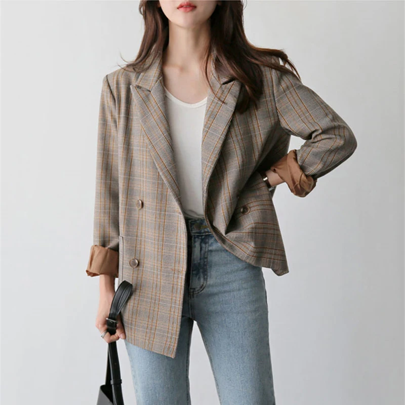 Vintage Notch-collar Double Breasted Plaid Blazer Women Full Sleeve Loose Female Grid Suit Coat Autumn Women Jacket  2019