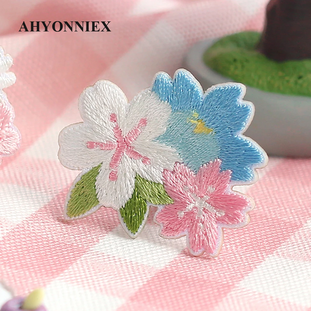 AHYONNIEX New Cherry Flower Embroidery Patches for Bag Jeans Dog Cat Iron On Patches for Clothes Small DIY Patches