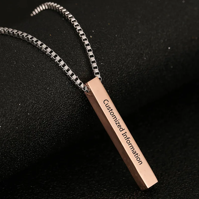 Four Sides Engraving Personalized Square Bar Custom Name Necklace Stainless Steel Pendant Cuboid Necklace For Women Men Gift