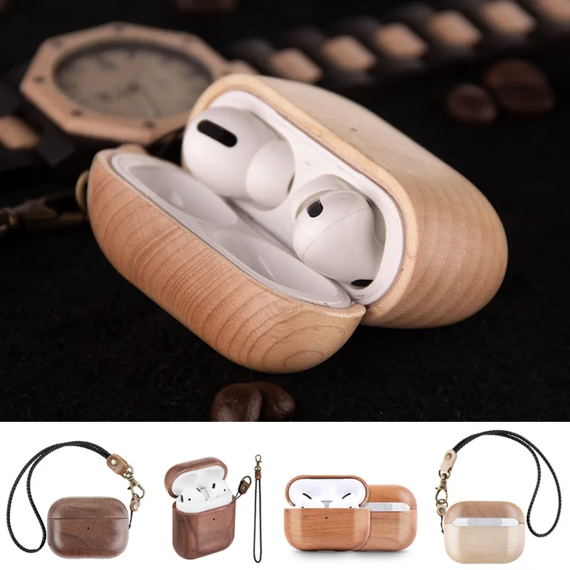 Genuine Real Wood Airpods Pro Case Rugged Earphone Case For Airpods Pro 3 Case Wood Wireless Charging Lanyard For Keys