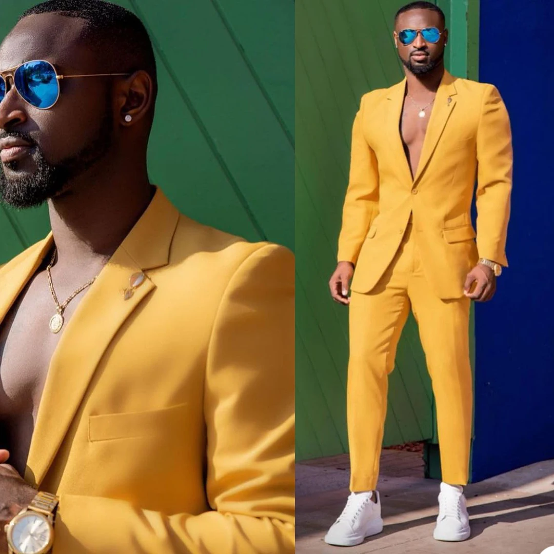 Traje de caballero amarillo para hombre, pantalones de negocios de talla grande, esmoquin a medida para fiesta de graduación y boda (chaqueta + pantalones)