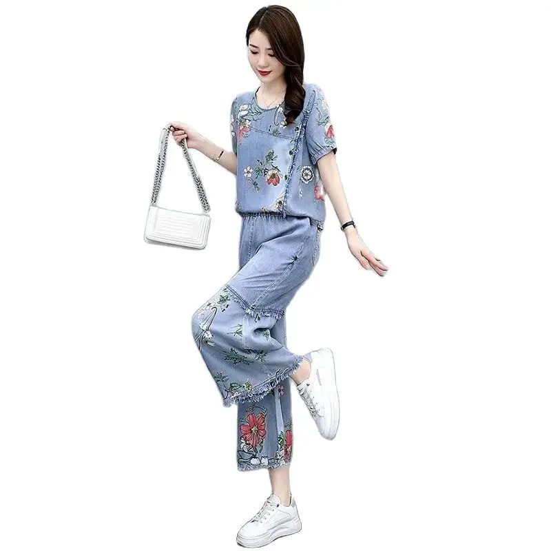 

Denim Wide-Leg Pants Women's Suit New Casual Short Sleeve Printed Summer Dress Blast The Street Fashion Ethnic Style Two-Piece