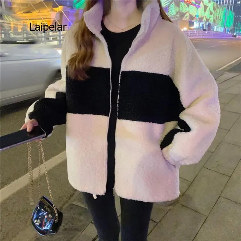 

Women Shearling Wool Coats Stand Collar Loose Casual Clothes Zipper Jacket Winter 2021