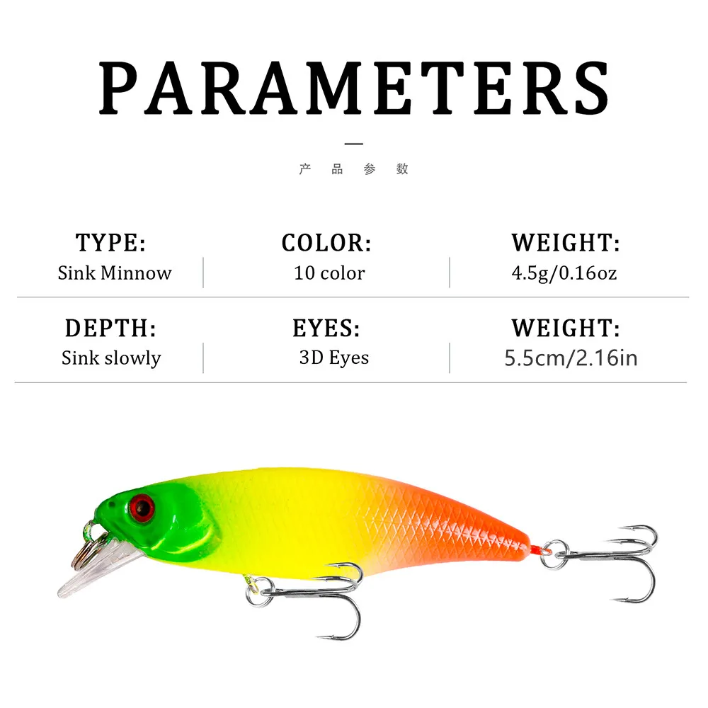 1Pcs Mini Sinking Minnow Fishing Lure 5.5cm 4.5g Artificial Hard Bait 3D Eyes Crankbait Bass Pike Wobblers Pesca Fishing Tackle