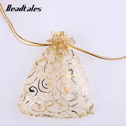 Beadtales 25 sztuk/partia złoty kolor koło wzór koraliki biżuteria Organza biżuteria etui Favor Wedding Party prezent netto woreczek