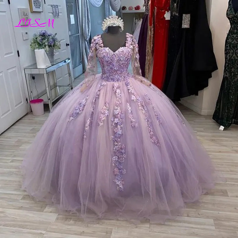 Robe de princesse violette à manches longues en dentelle, 16 pièces, robe de spectacle, 15 ans