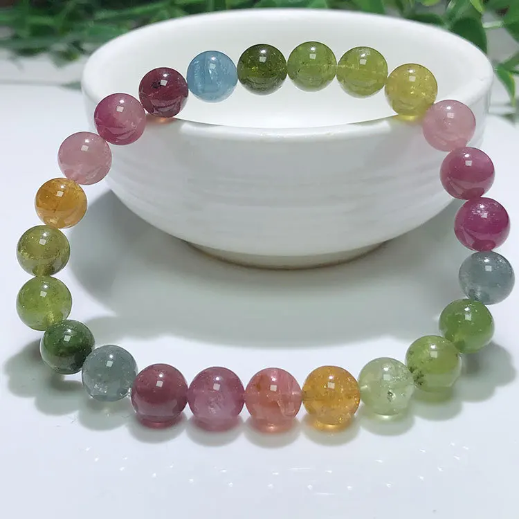 Natural Rainbow Colorful Tourmaline Bracelets Women Lady Stretch Bracelet 7-8mm AAAAAA