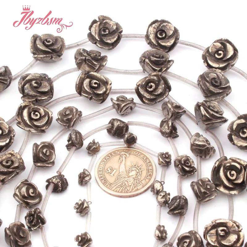 Carved Rose Flower Pyrite Natural Stone Beads for DIY Accessories Charms Pendant Necklace Bracelet Rings Jewelry Making 15