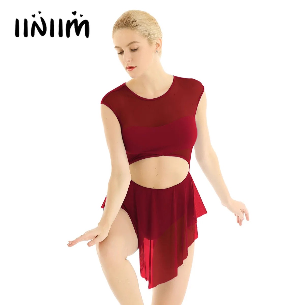 Womens Ballet Dance Dress Cut Out Front Asymmetric Ballerina Tutu Dress Keyhole Back Adult Dancing Gymnastics Leotard Dancewear