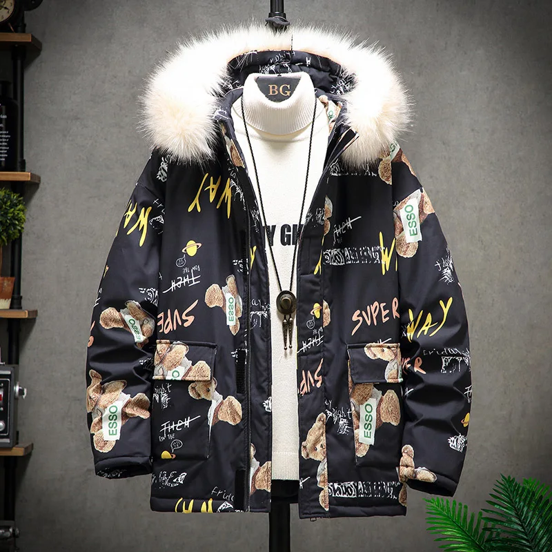 2020 Winter Men\'s Parka Hooded Fur Collar Bear Prined Thicken Warm Wind-proof Fashion Novelty Outwear Male Cotton Coat