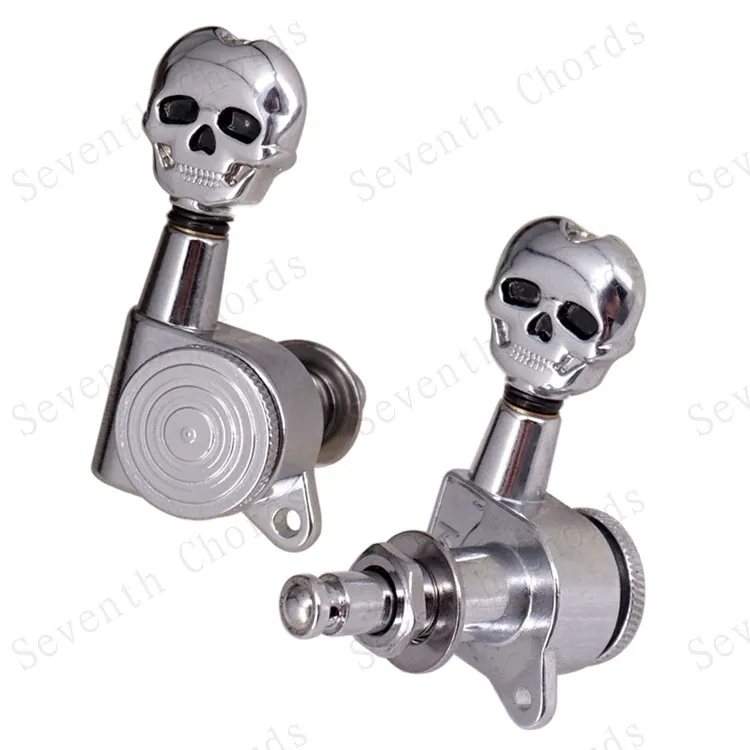 3R3L Chrom-Gitarrenstimmwirbel mit Totglockenmechanismus für Akustik-, E- und Folk-Gitarren – Totenkopf-Design – Detail 3