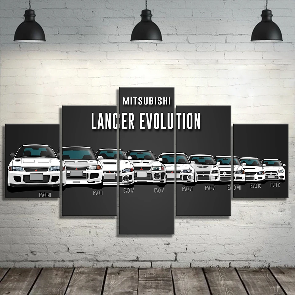 5 Panel Mitsubishi Lancer Evolution Car Canvas Posters Wall Art Pictures Paintings Accessories Home Decor Living Room Decoration