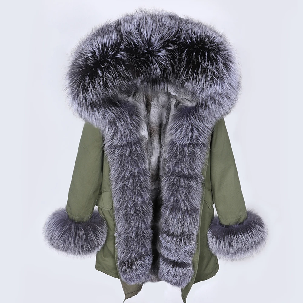 Maomaokong-forro de piel de conejo auténtica Natural para mujer, Parka cálida con Cuello de piel de zorro plateado, abrigo largo negro, novedad de invierno de 2024