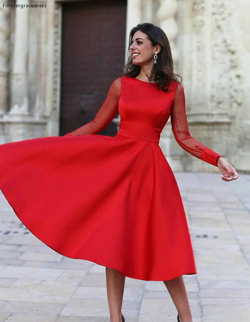 Vestido de cóctel rojo de manga larga, línea A, cuello de Joya, corto para Juniors, dulce 15, fiesta de graduación, talla grande, barato