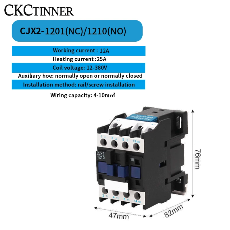 CJX2-1201/1210 50/60HZ 12A AC contactor Din Rail Mounted 3P+1NO Normal Open Contactor 24V-380V