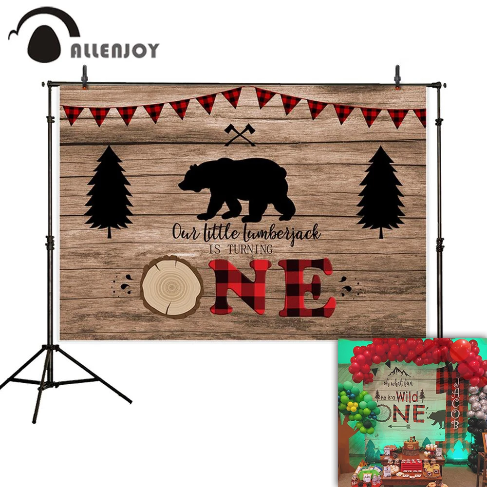 Allenjoy photophone backdrop 1st birthday lumberjack buffalo plaid bear wild one wood photography studio background photocall