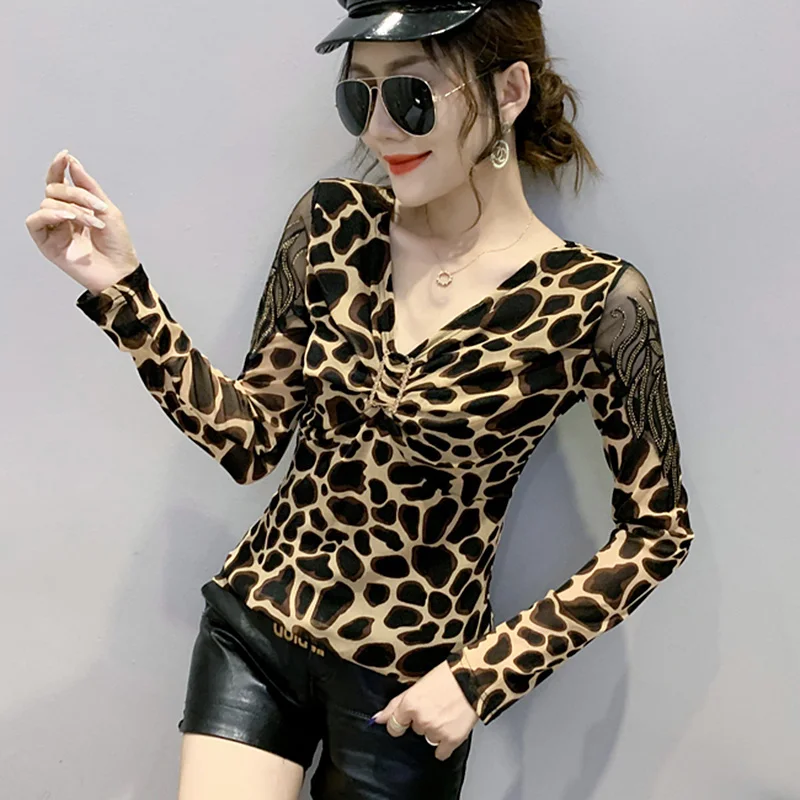 

#7970 Spring Autumn Leopard T Shirt Women Thin V Neck Spliced Mesh Skinny Long Sleeve T Shirt Hollow Out Sexy Top Femme Diamonds