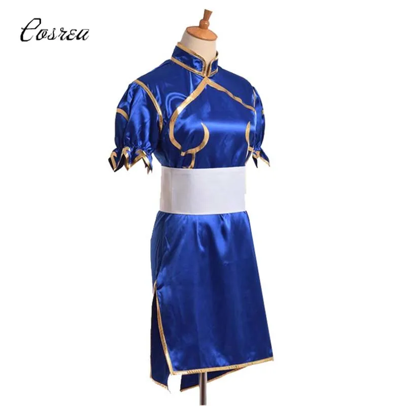 

Games Chun Li Costume Sutorito Faita Blue Cheongsam Dress Belt Headgear for Women Girls Party Clothes Chunli Cosplay