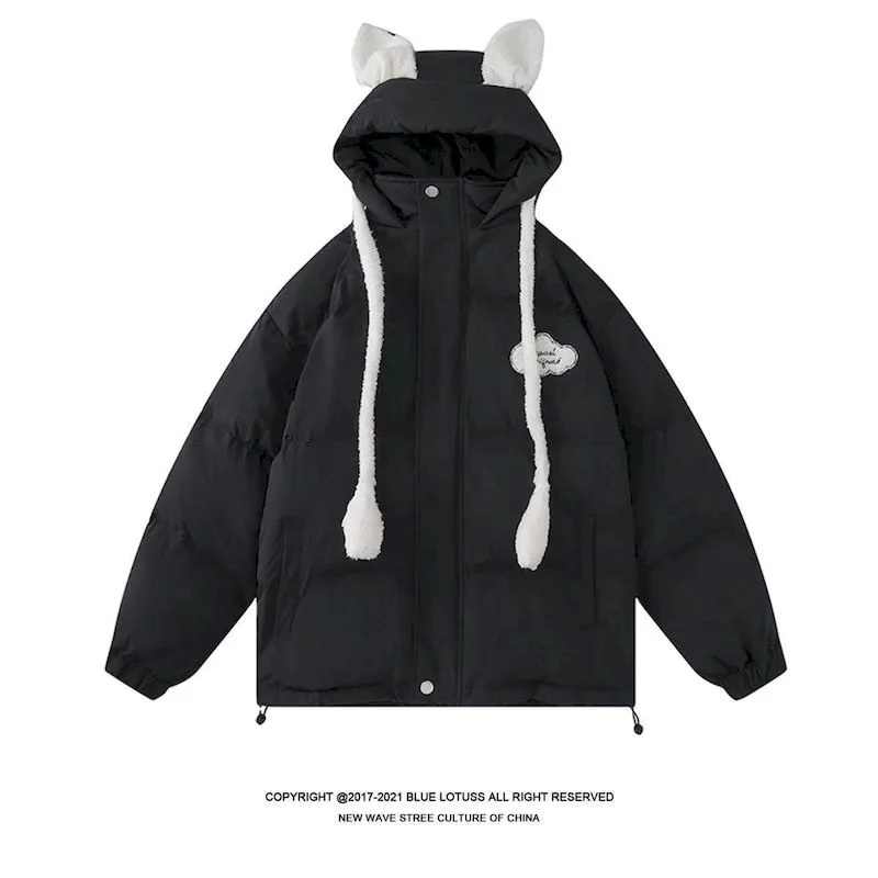 Cotton-padded Jacket Women 2024 Winter Plus Velvet Thick Padded Coat Rabbit Ears Can Move Korean Style Loose Hooded Warm Coats