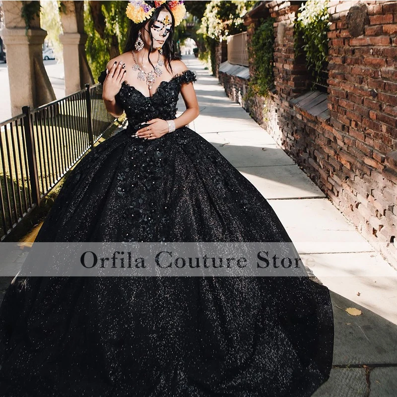 Gaun Meksiko Vestido De 15 Años Hitam Charro Quinceanera Rok Lebar Bermanik Manis 16 Gaun Appliqued Vestidos De Xv Años