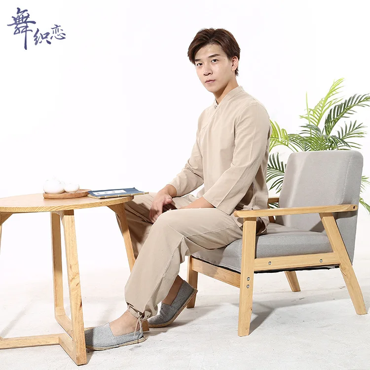 Chinese Style Cotton And Linen V Neck Men's Nine Pionts Sleeves Top Shirt And Tie Leg Pants Martial Arts Suit 9 Colors