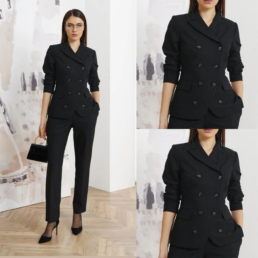 

Fashion Women Blazer Suits 2 Pieces Double Breasted Black Peaked Lapel Office Lady Wear Casual Daily Chic Jacket Pants