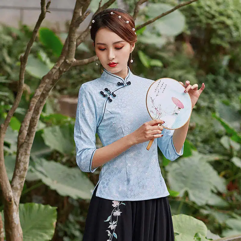 Cheongsam Womens Plus Size Short Tops 2021 Summer Fashion Lace Prints Stand Collar Cheongsam Slim fit Chinese Qipao Shirts Woman