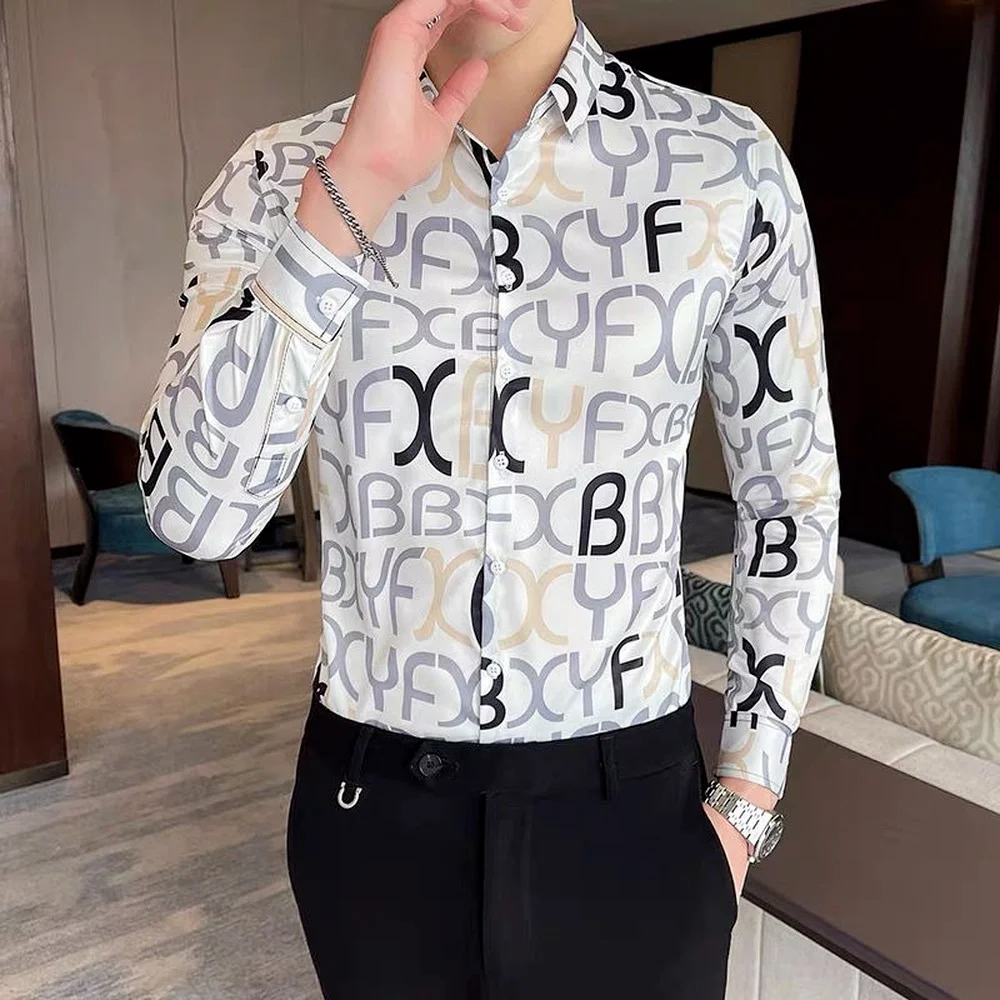 Men's Lapel Button Long-sleeved Shirts,Silky Slim Casual Shirts,Korean Men's Long-sleeved Printed Shirts Fashion Clothing Trends