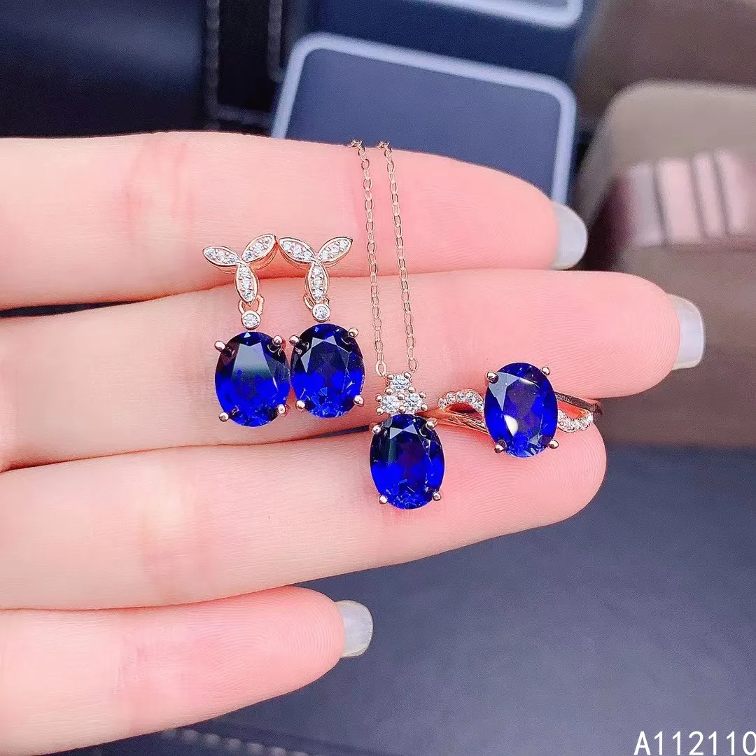 

Fine Jewelry 925 Pure Silver Inset With Natural Gem Women's Luxury Lovely Oval Sapphire Pendant Ring Earring Set Support Detecti