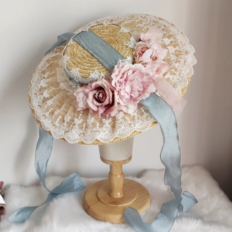 Headdress Elegant Flat Top Straw Hat with Chin Strap Flower Hat Sweet Ruffle Lace Headwear Cosplay Headpiece