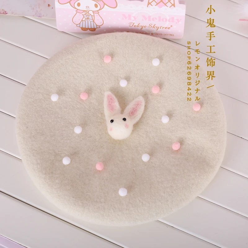 Soft Girls Sweet Biscuits Hat Beret Wool Hat Painter Hat Cute Rabbit Spring Autumn Side Folder Hairpin Lolita Hair Accessories