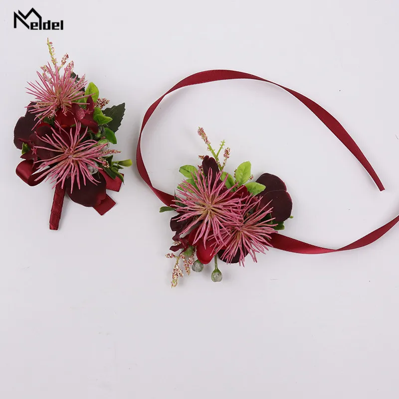 Corsages y Boutonniere de boda de seda roja para mujer, broche, ramillete, pulsera, flor, novio, ojal, boda, hombre