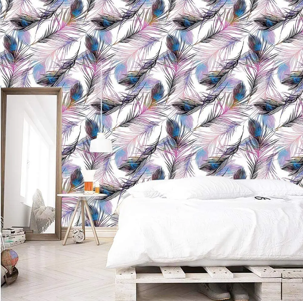 Feather Peel และ Stick วอลล์เปเปอร์ Feather รูปแบบสติ๊กเกอร์แปะผนังขนนกสีม่วงที่ถอดออกได้ Self Adhesive Wallpaper ไวนิลฟิล์ม