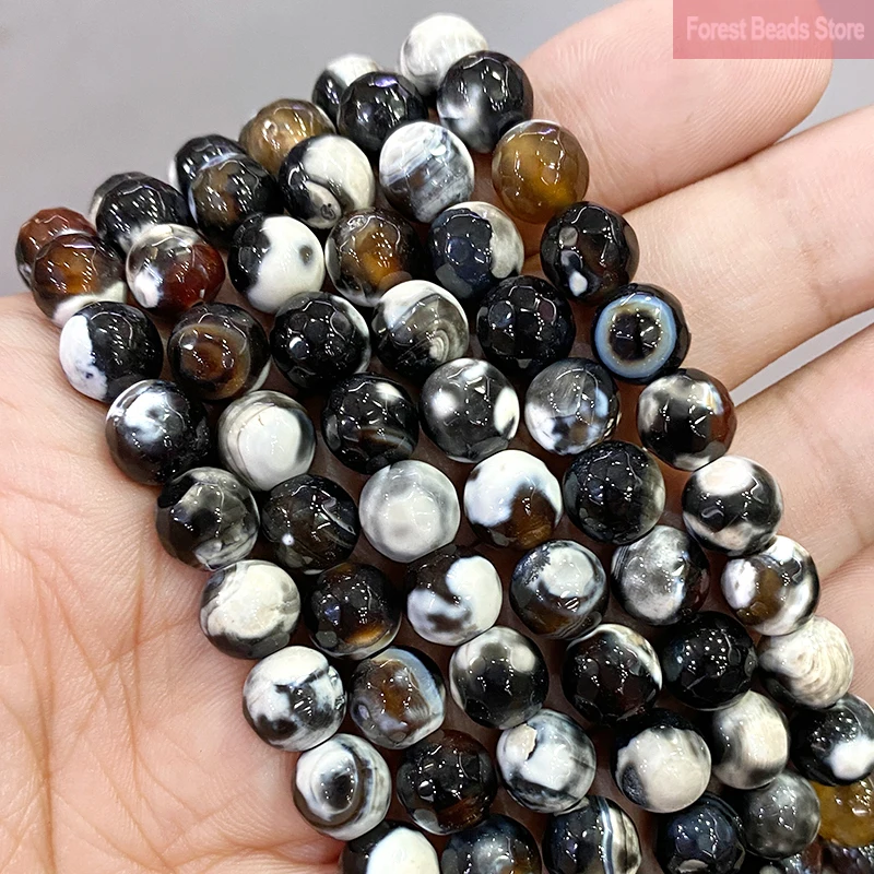 Natural Frost Black Dream Fire Dragon Veins Agates Faceted Round Beads Diy Bracelet Earrings Jewelry Making 15\'\' Strand 8mm