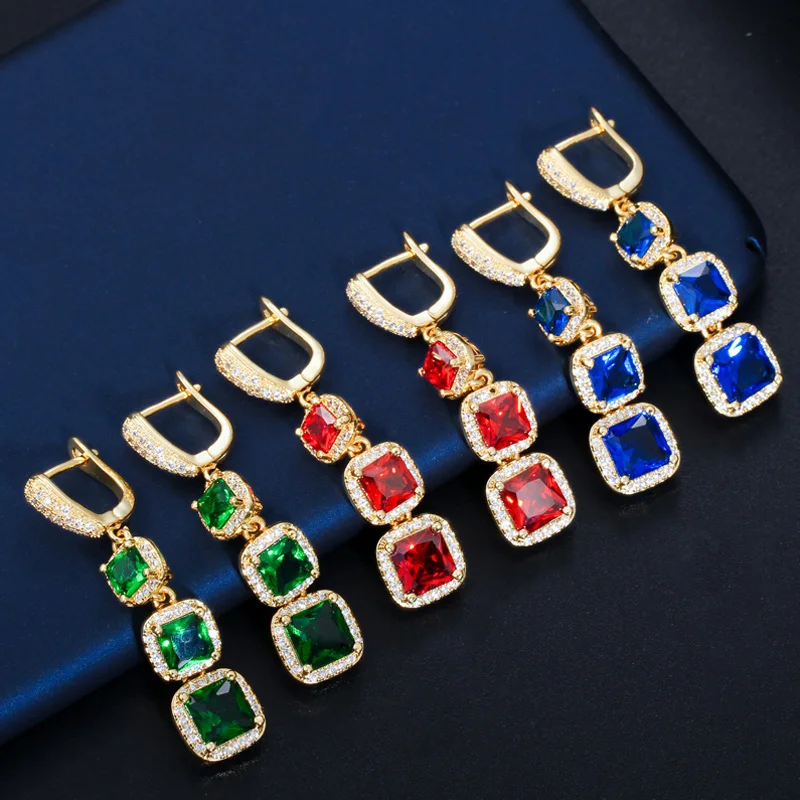 Pera Classic 3 Big Square Long Dangle Indian Red Cubic Zirconia Stone Earring Yellow Gold Color Vintage Women Party Jewelry E281