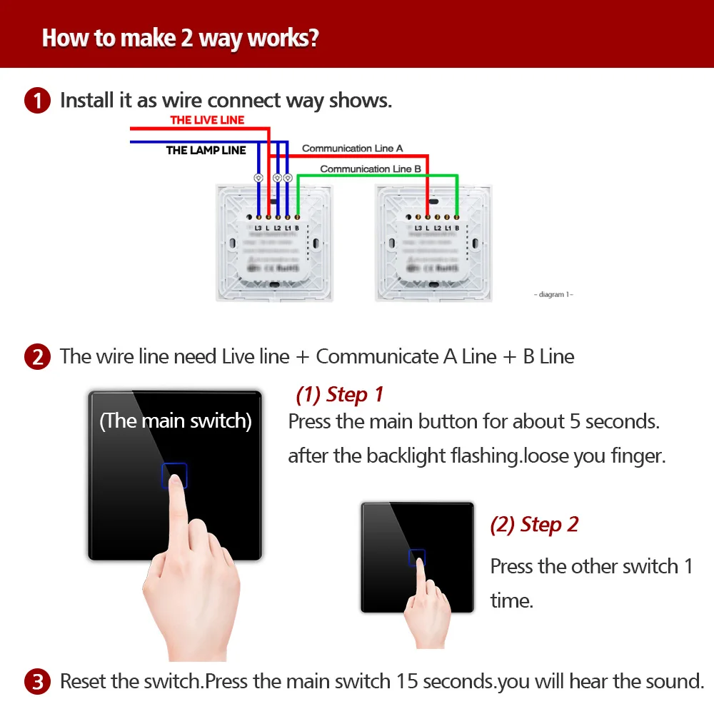 EU 1 2 3 Gang 2 Way Wall Light Controller  Home Automation Touch Switch For Stair Inside / Outside Control Switch Glass Panel