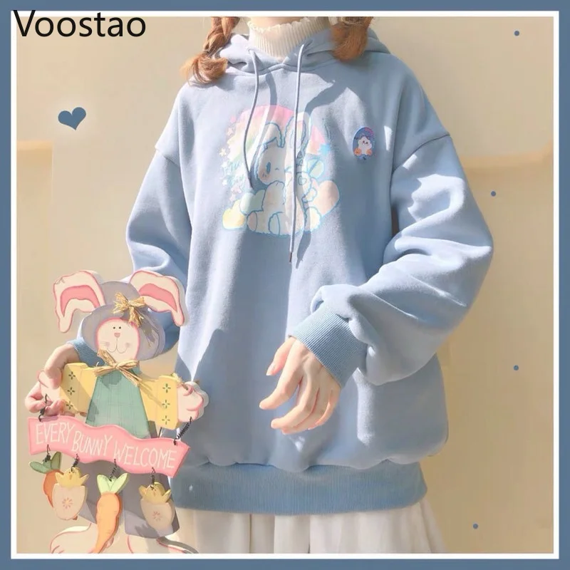 

Japanese Sweet Hoodies Girls Cute Rabbit Print Sweatshirt Y2K Clothes Women Spring Autumn Korean Loose Pullover Hooded Coats