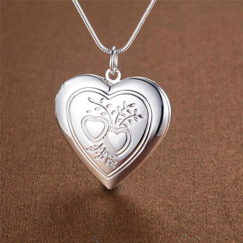 DOTEFFIL 925 Sterling Silver 18 Inch Snake Chain Love Heart Photo Frame Necklace For Women Fashion Wedding Party Charm Jewelry