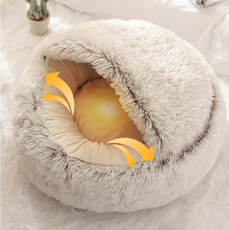 HOOPET Cat Bed Round Cat Nest Puppy Cave Long Plush Pet Bed Warm Cats Bed 2-In-1 Cat Cushion Sleeping Sofa