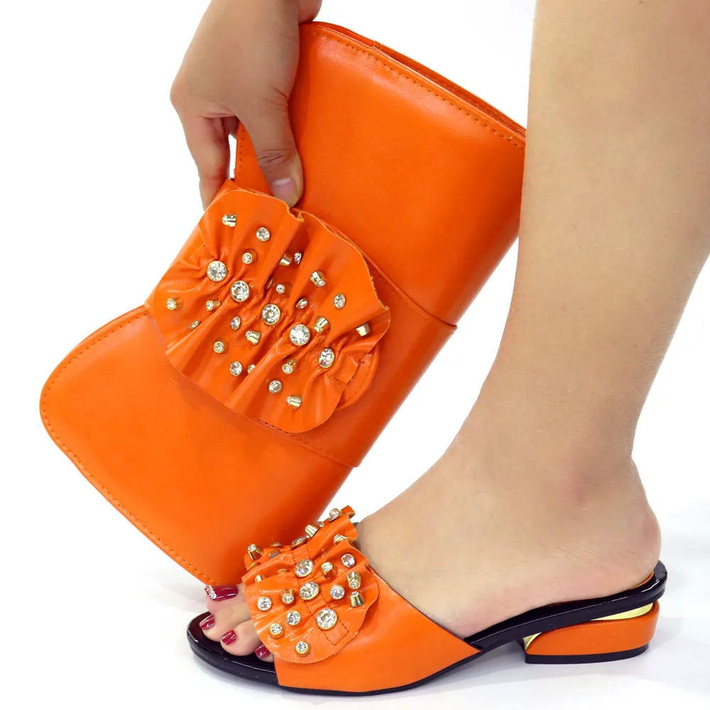 Orange  Lower Heels Shoes And Bag Set For Women Fashion African Ladies Slippers Match With Handbag Clutch Pantoufle Femme CR531