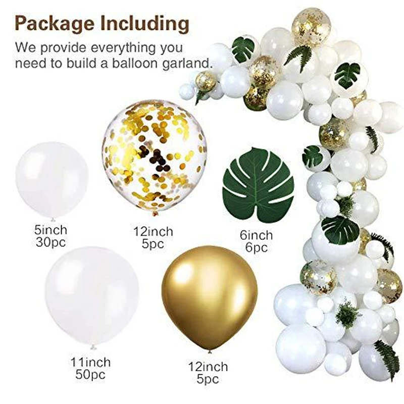 100 stücke Geburtstag Party Hochzeit Dekoration Weiß Gold Konfetti Latex Ballons Arch Mit Bonus Blätter Palm Blatt Spielzeug Für Kinder