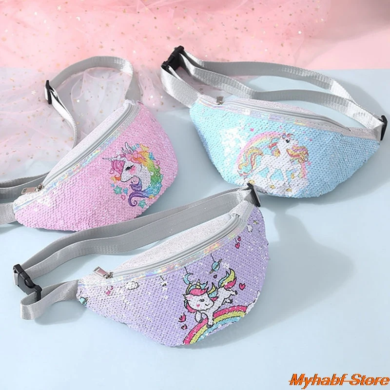 Cute Unicorn Fanny Pack Shiny Sequins Children's Shoulder Belt Bags Kids Phone Pouch Cartoon Unicorn Waist Bag Party Favor Gifts