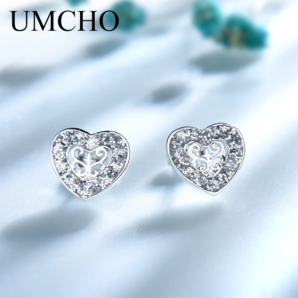 

UMCHO Real 925 Sterling Silver Sequins Heart Stud Earrings For Women Wedding Birthday Gifts Fine Jewelry