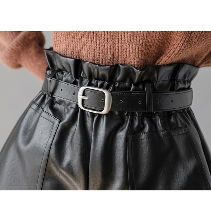 2023 Women\'s Leather Shorts Pu High Waist Elastic A-line Wide-legged With Belt Black Brown Elegant Bottoms Casual Short Mujer