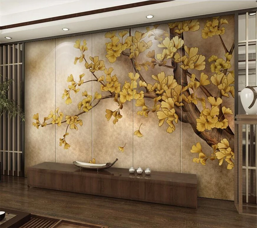 Custom wallpaper 3d hand-painted Chinese style ginkgo tree TV background wall living room bedroom mural papel de parede фотообои