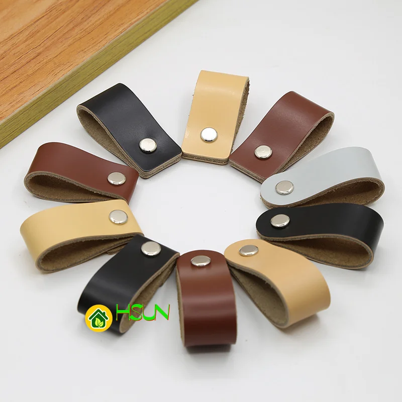 2 pcs Nordic cupboard door handle leather handle cupboard drawer single hole pure copper leather handle