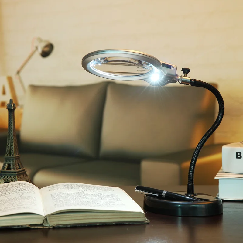 2.25x 5x Flexible Table Standing Led Lighted Magnifier Magnifying Lamp Book Read Helping Hand Magnifying Glass with Led Lights