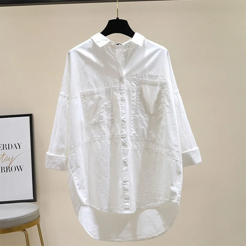 Button Up Shirts Womens 2021 Spring Autumn Long Sleeve Lapel Loose Blouse Bright Line Oversize Tops Office Lady White Clothes