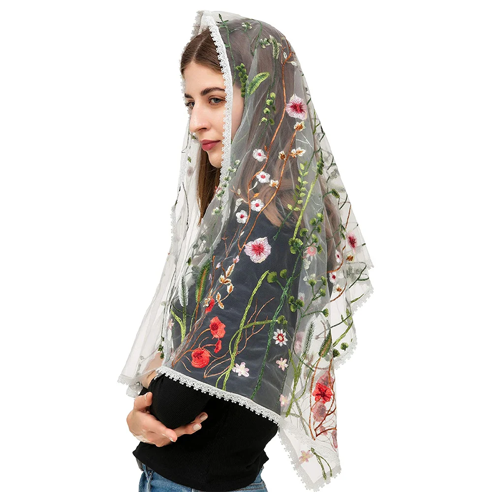 Lady Rectangular Mantilla Veil Women Floral Lace Chapel Veil Scarf Wrap Latin Mass Head Covering Shawls for Bride Ivory Black