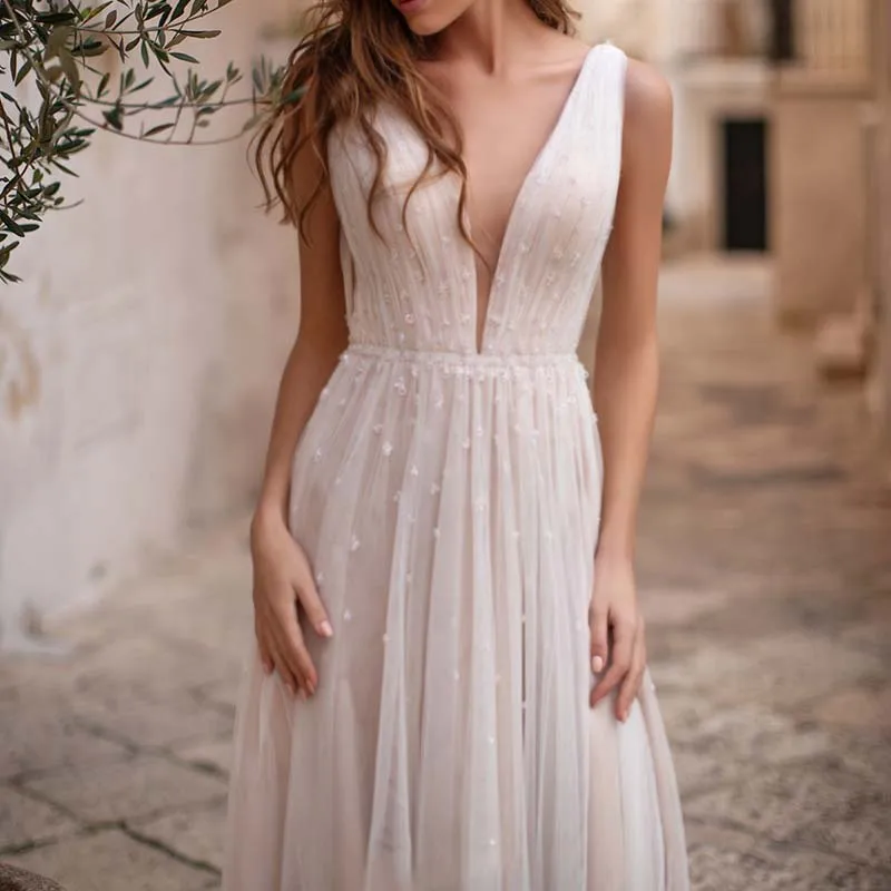 Sexy illusion Plunging V-neck Boho-inspired A-line Wedding Dresses 2019 See Through Casual Beaded Tulle Chic Bridal Gowns AX130